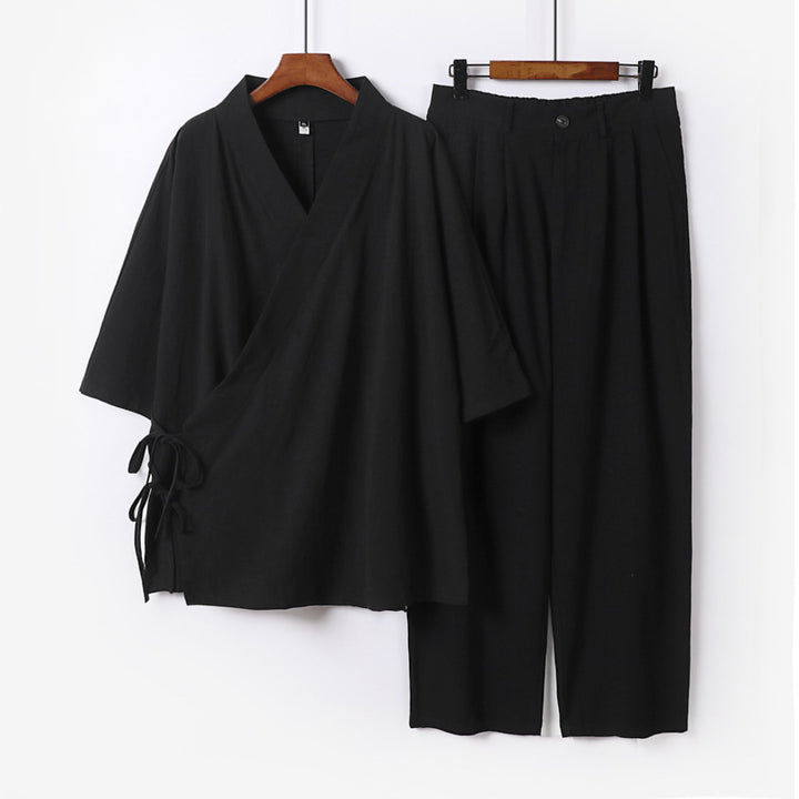 Unisex Kimono-Freizeit-Set mit Wickeloberteil und elastischer Bundhose Drune