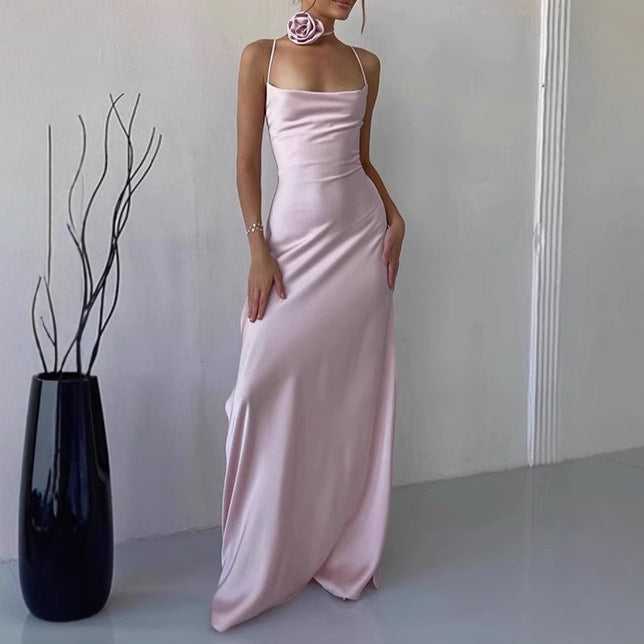 Damen Elegantes Bodenkotan Maxi-Kleid mit schmalen Spaghetti-Trägern und tiefem Ausschnitt Drune
