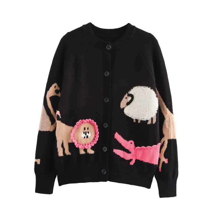 Damen Strickcardigan mit verspielten Tierintarsien und 3D‑Applikationen Drune