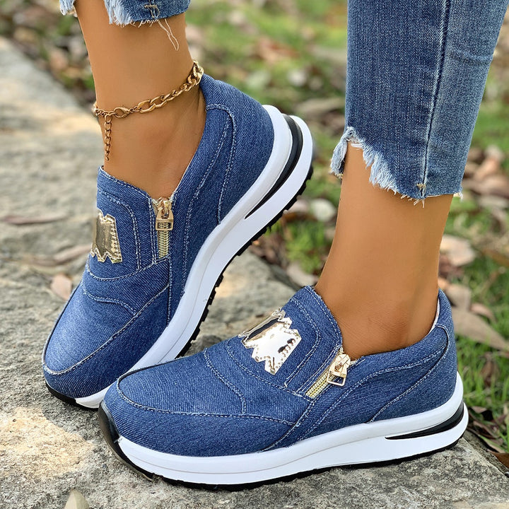 Damen Plateau-Slipper-Sneaker aus Veloursimitat mit seitlichem Zier-Reißverschluss und metallischer Applikation Drune