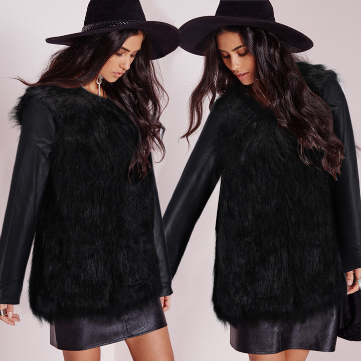 Damen Kunstpelz‑Mixjacke mit veganen Lederärmeln und Longline‑Silhouette Drune