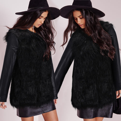 Damen Kunstpelz‑Mixjacke mit veganen Lederärmeln und Longline‑Silhouette Drune