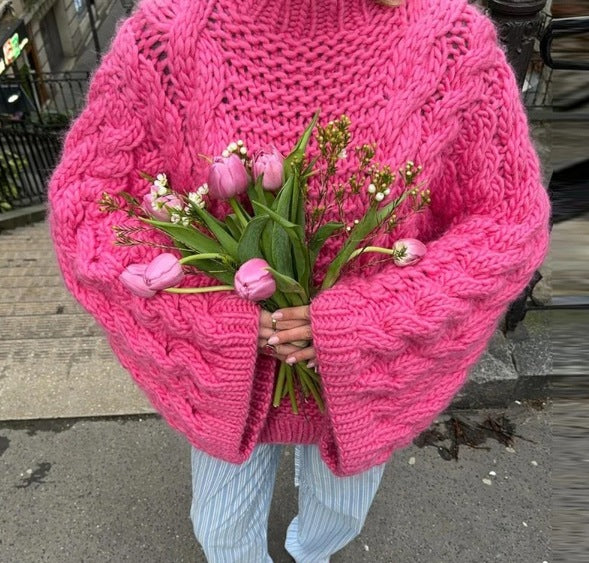 Damen 1800+ Oversize Zopfmuster‑Strickpullover mit weitem Rundhals und Ballonärmeln Drune