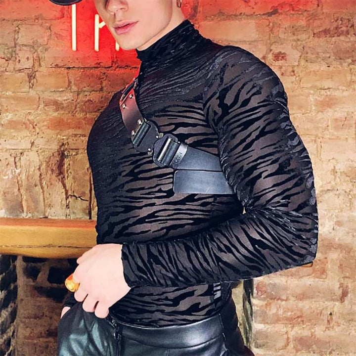 Damen nan transparentes langärmliges Netzoberteil mit Rollkragen und animalischem Strukturmuster Drune
