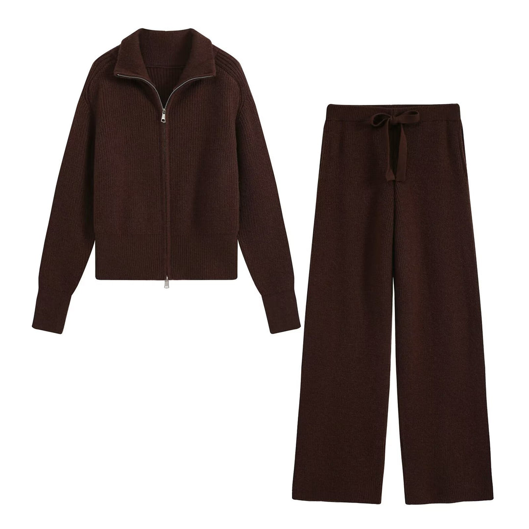 Damen Feinstrukturiertes Strick-Set mit Zipp-Cardigan und weiter Hose Drune