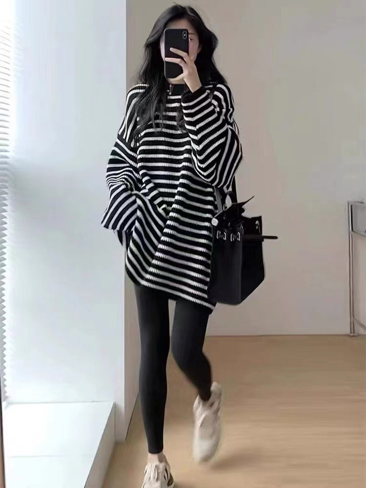 Damen Oversize Strick-Longpullover mit horizontaler Streifenstruktur Drune