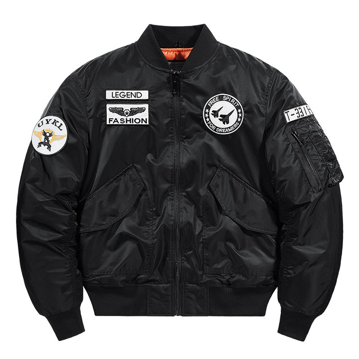 Herren -isolierte Pilot-Aviator-Bomberjacke mit Kunstschaffellkragen, Patches, Applikationen und einer Utility-Tasche am Ärmel Drune