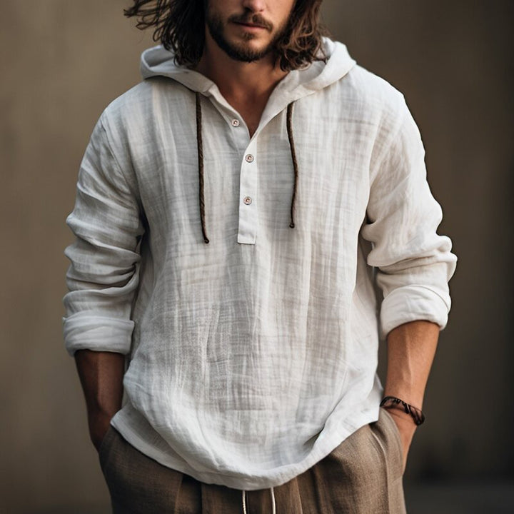 Herren Leichtes Kapuzenhemd im Leinenlook mit Henley-Knopfleiste Drune