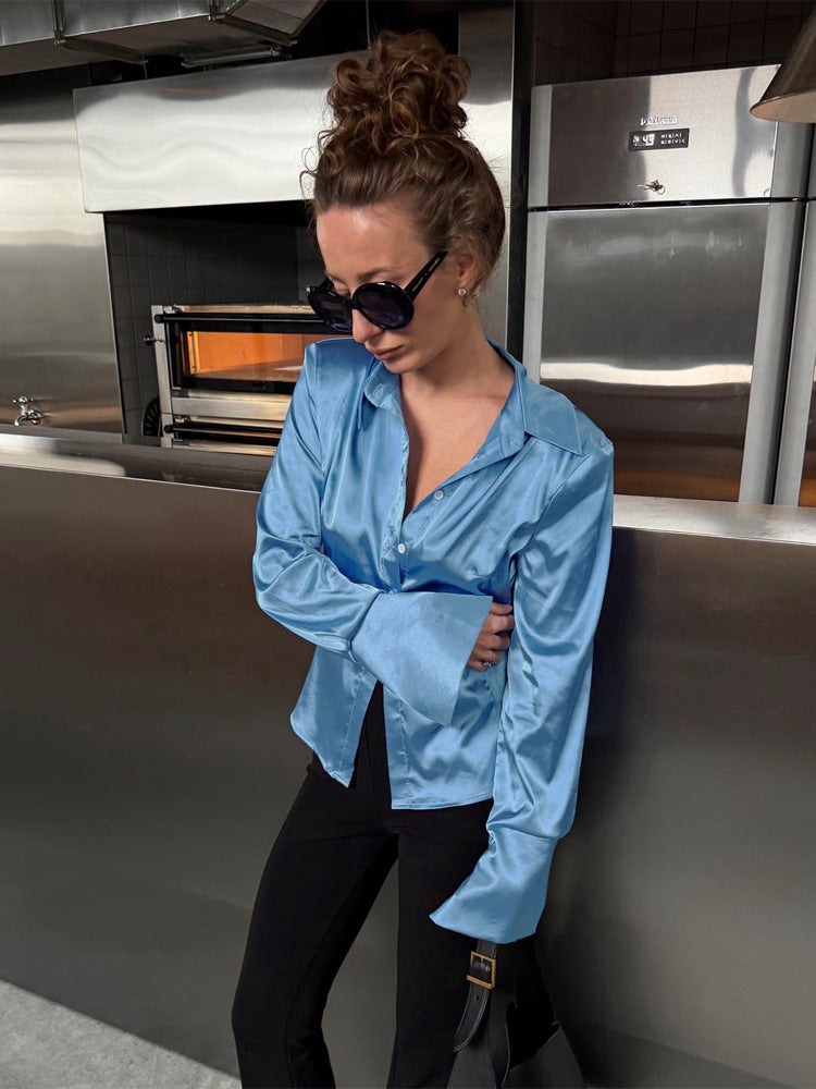 Damen Satiniertes Hemd mit weitem Kragen, extraweiten Manschetten & relaxed Fit Drune