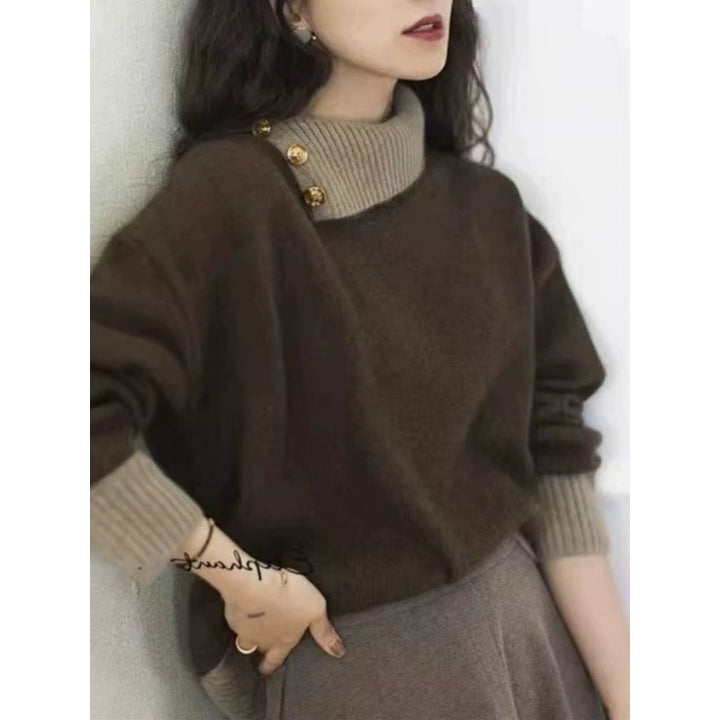 Damen Kurzgeschnitteter Pullover mit asymmetrischem Knopf‑Mockneck und Ballonärmeln Drune