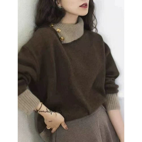 Damen Kurzgeschnitteter Pullover mit asymmetrischem Knopf‑Mockneck und Ballonärmeln Drune