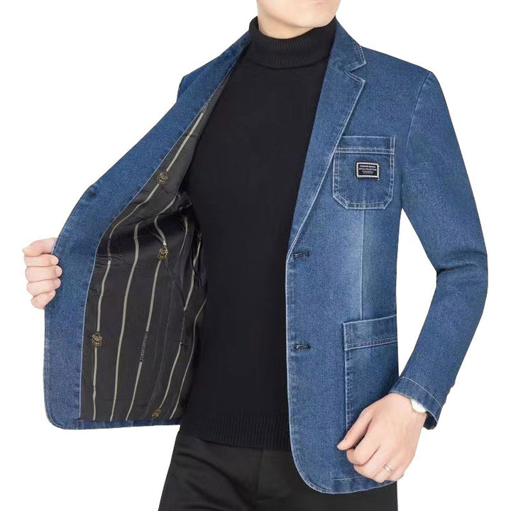 Herren Jeansblazer Slim Fit mit Aufgesetzten Taschen und Notch-Kragen Drune