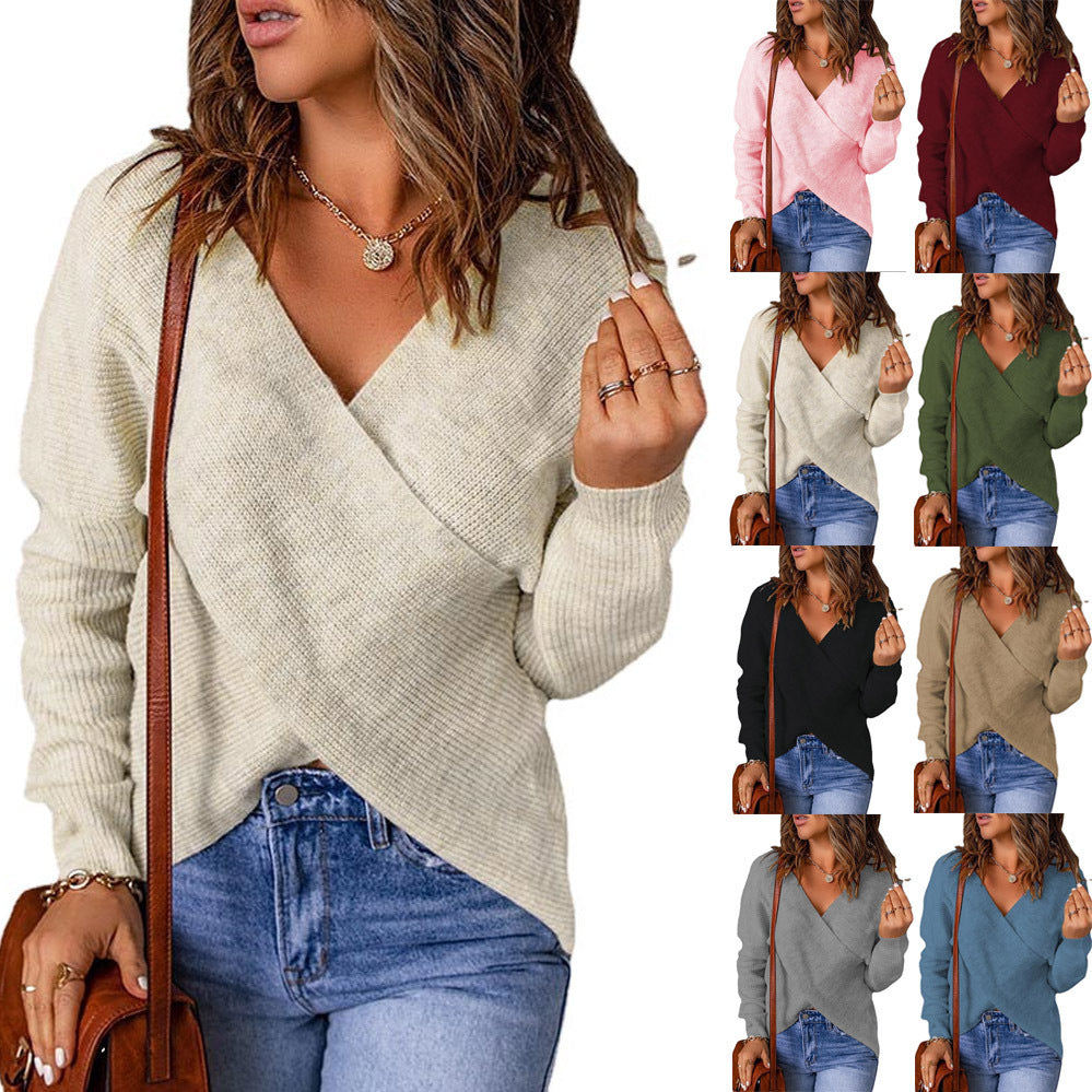 Damen lässiger Wickel-Pullover mit tiefem V-Ausschnitt und strukturiertem Gewebe Drune