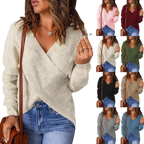Damen lässiger Wickel-Pullover mit tiefem V-Ausschnitt und strukturiertem Gewebe Drune