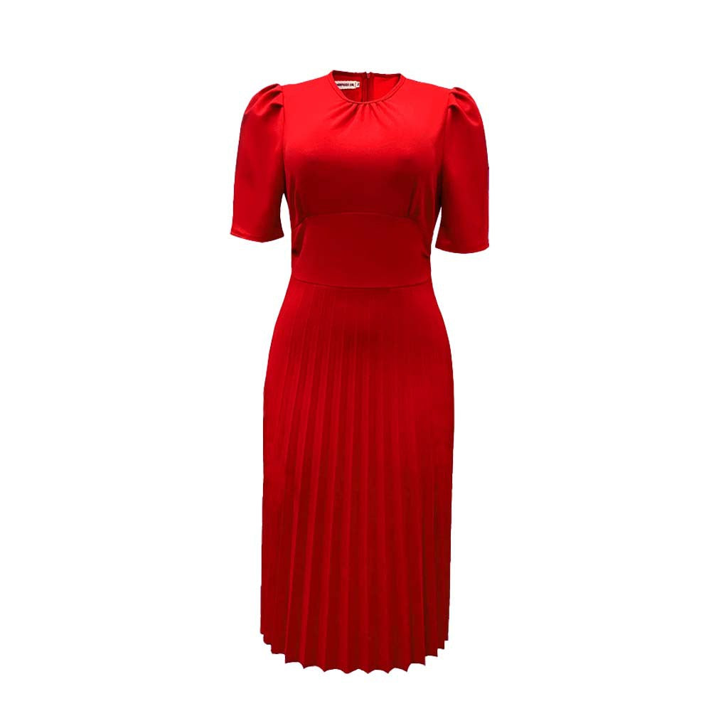 Damen Plissee Kleid mit elegantem Kragen und zeitlosen Puffärmeln Drune