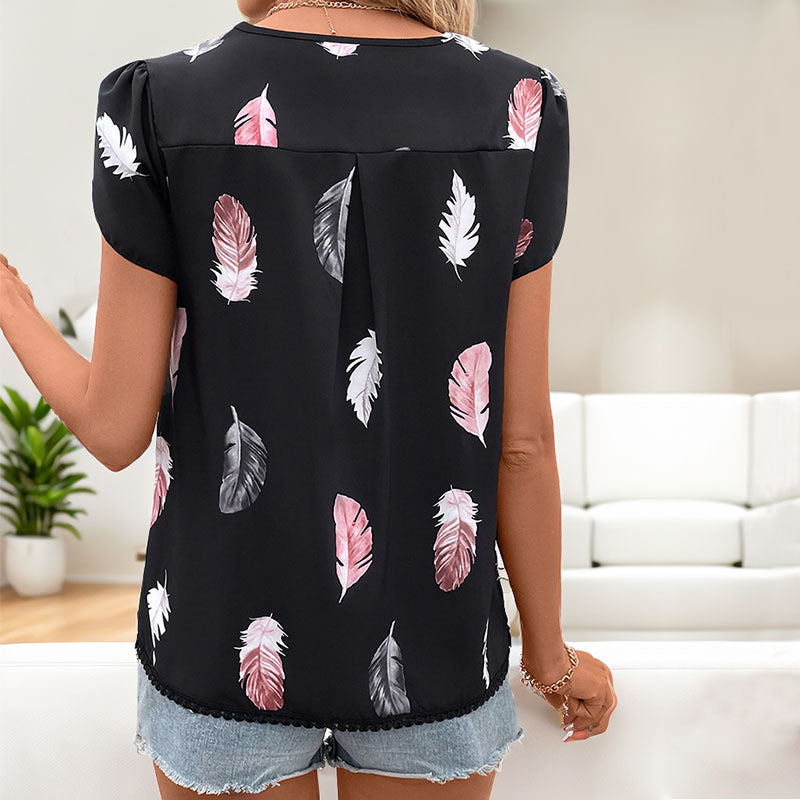 Damen Bluse mit romantischen Federmuster und Puffärmeln Drune