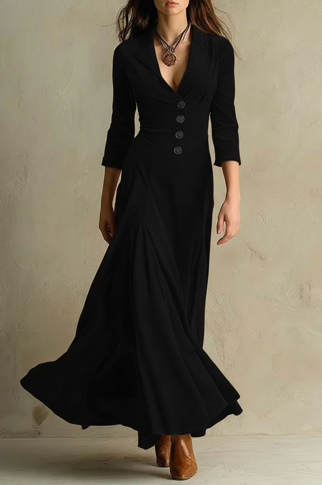 Damen Samt-Midaxi-Kleid mit tailliertem Sakko-Oberteil, V-Ausschnitt und weitem Stufenrock Drune
