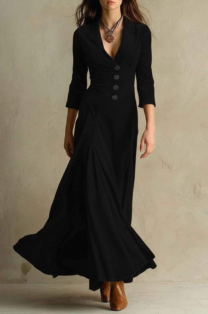 Damen Samt-Midaxi-Kleid mit tailliertem Sakko-Oberteil, V-Ausschnitt und weitem Stufenrock Drune