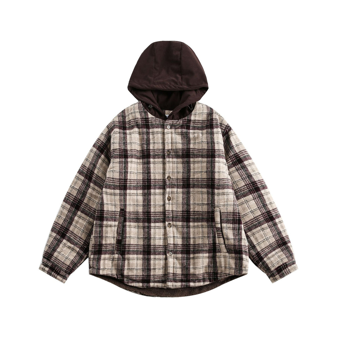 Unisex Oversize-Karo-Überhemd mit Kapuze und Teddyfutter Drune