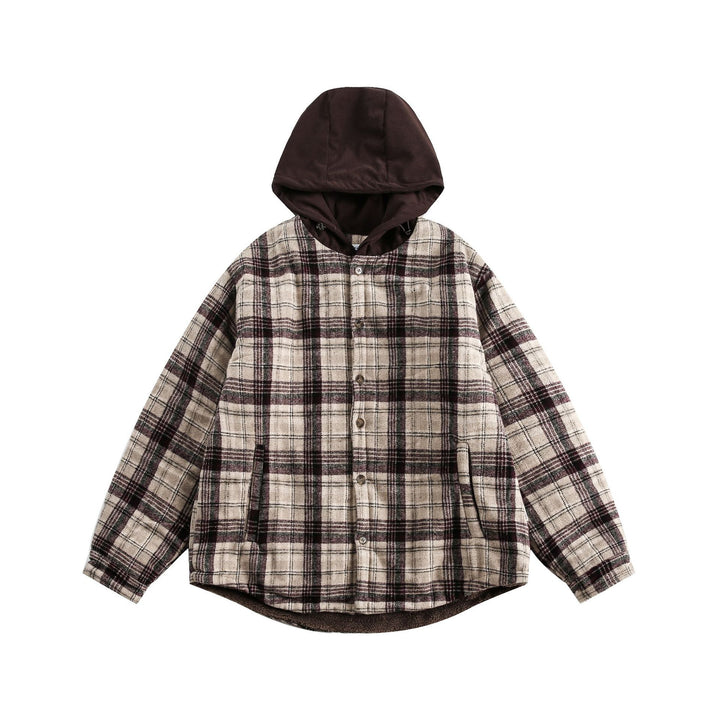 Unisex Oversize-Karo-Überhemd mit Kapuze und Teddyfutter Drune