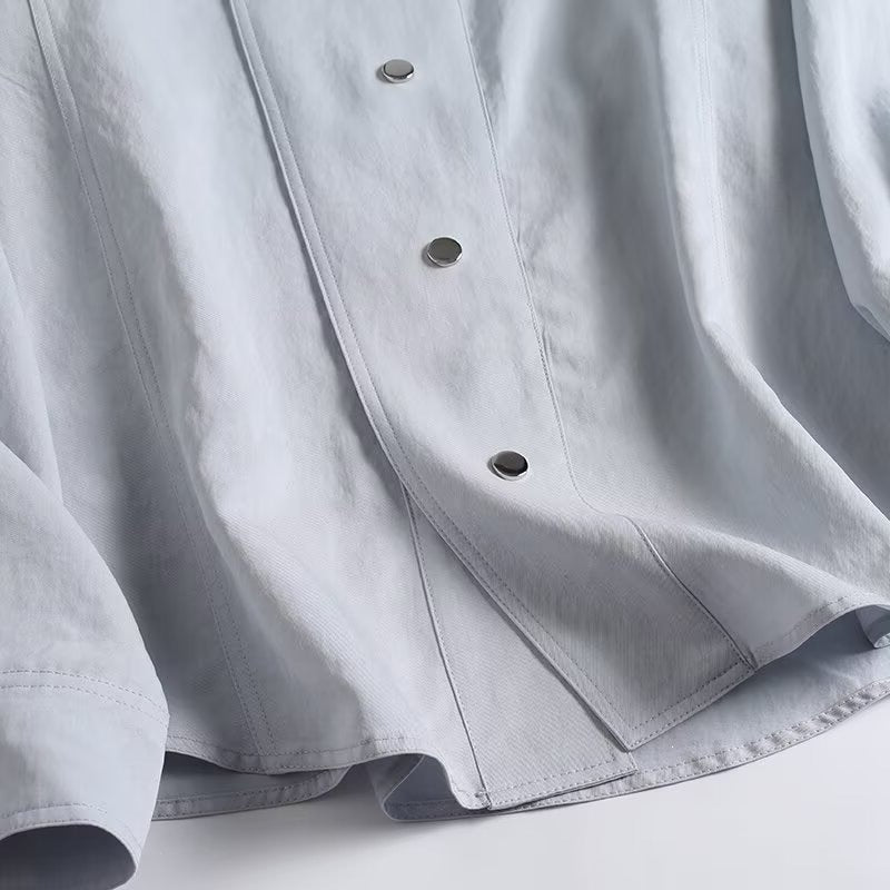 Damen Leichte Oversize-Blusenjacke mit Stehkragen und verdeckter Druckknopfleiste Drune
