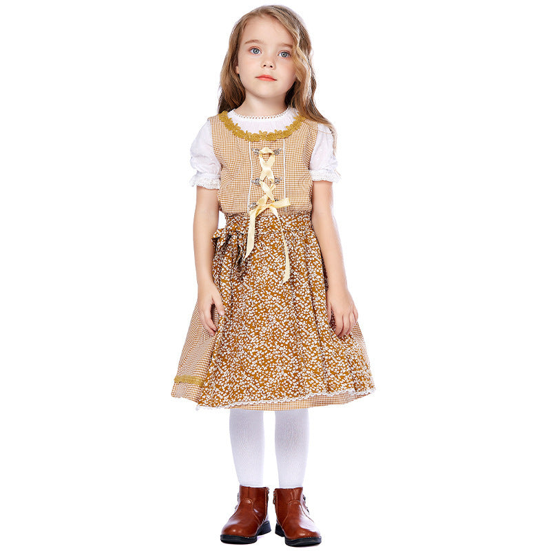 Damen nan traditionelles Trachtenkleid-Set mit geschnürtem Mieder, bestickter Puffbluse und abnehmbarer Schürze Drune