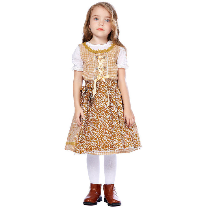 Damen nan traditionelles Trachtenkleid-Set mit geschnürtem Mieder, bestickter Puffbluse und abnehmbarer Schürze Drune