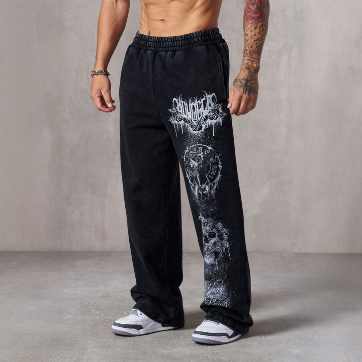 Herren nan weite Jogginghose mit elastischem Bund, Seitentaschen und detailreichem Schädel- und Rosenmotiv Drune
