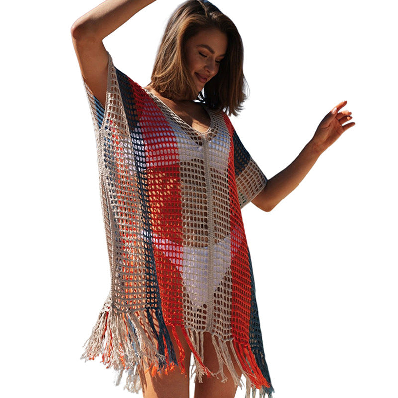 Damen Strandtunika mit modischem Netzdesign und fransenverziertem Saum Drune