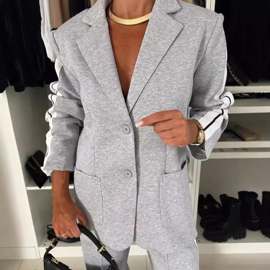 Damen nan elegantes Blazer-Set im Sportchic mit kontrastierenden Seitenstreifen und elastischer Bundhose Drune