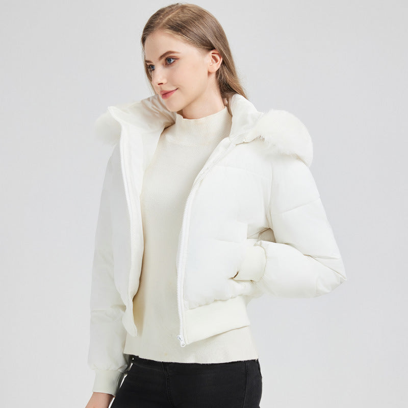 Damen nan kurzer gesteppter Kapuzenblouson mit Webpelzblende und geripptem Saum Drune