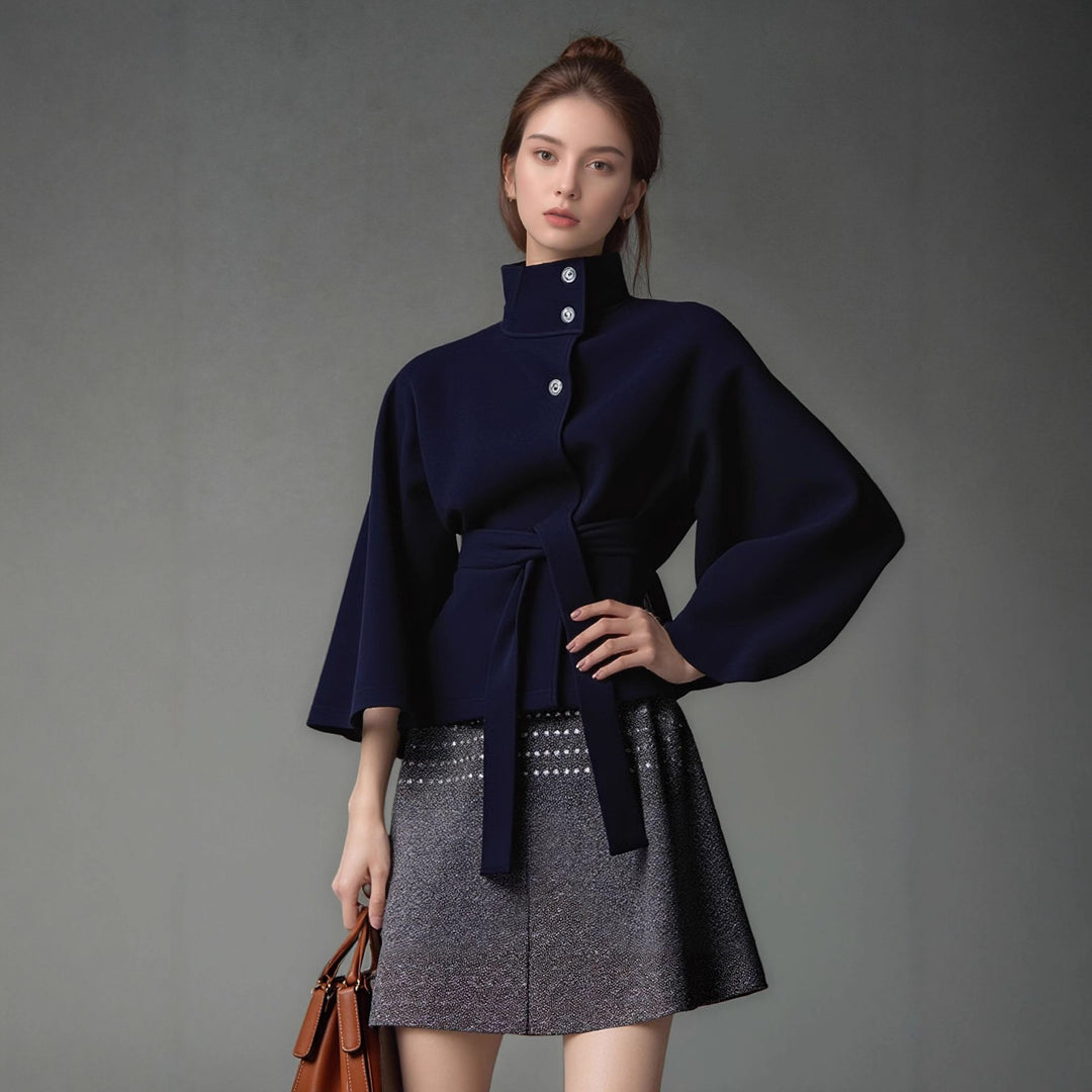 Damen moderne Cape-Jacke mit abnehmbarem Gürtel und hohem Kragen Drune