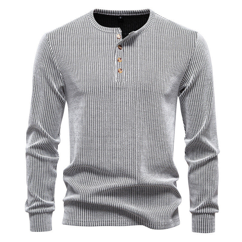 Herren Slim-Fit Gerippter Henley-Langarmpullover mit Rundhalsausschnitt und Knopfleiste Drune