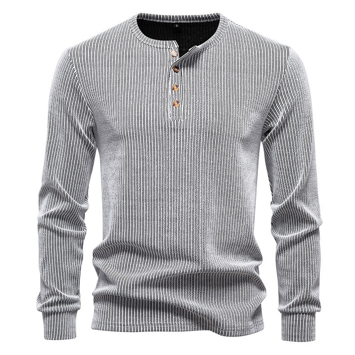 Herren Slim-Fit Gerippter Henley-Langarmpullover mit Rundhalsausschnitt und Knopfleiste Drune