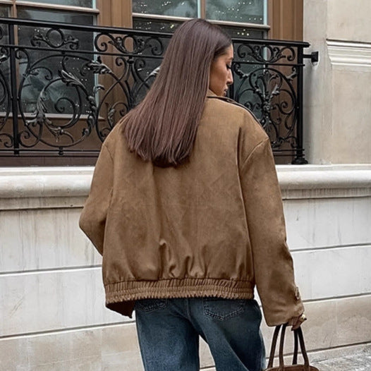 Damen Modische Suede-Bomberjacke mit praktischen Taschen und Reißverschluss Drune
