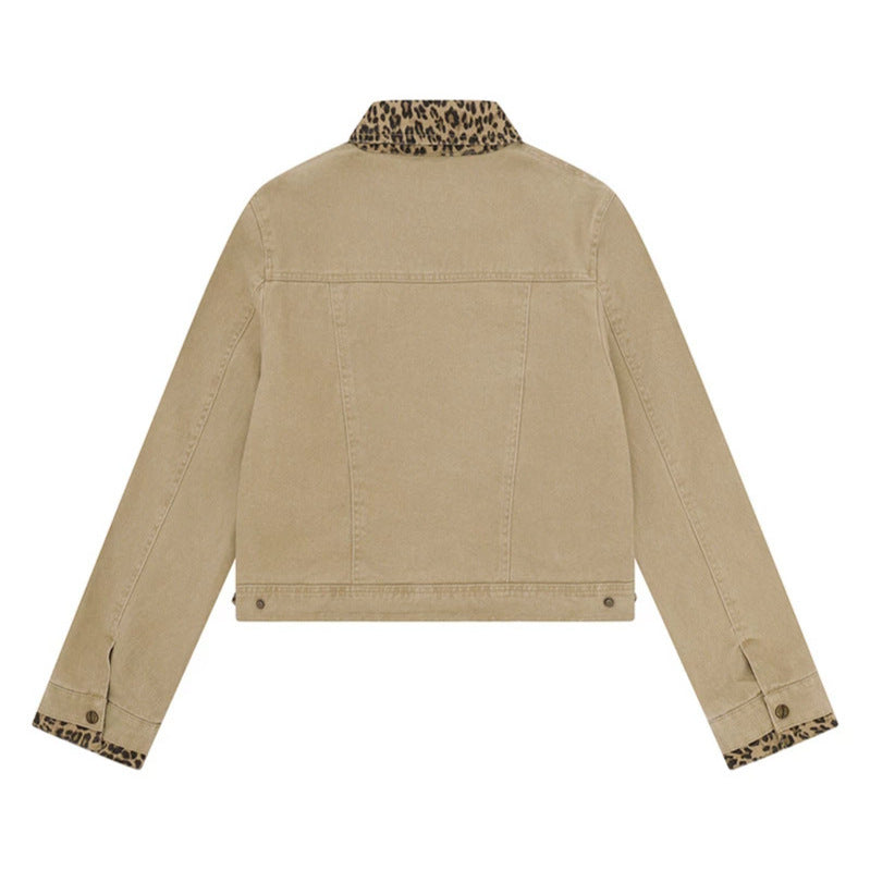 Damen Kurz geschnittene Denim-Truckerjacke mit Leoparden-Kontrastkragen und Umschlagbündchen Drune