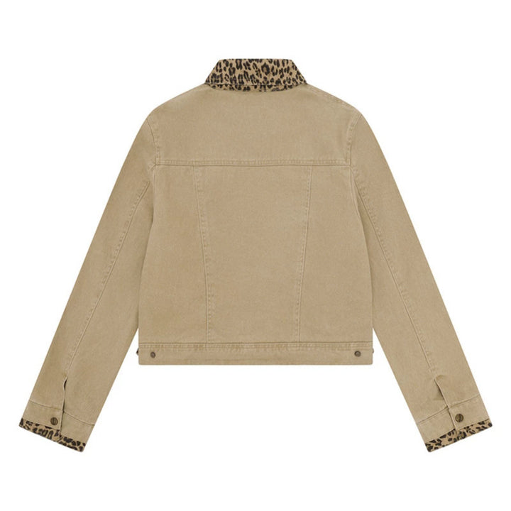 Damen Kurz geschnittene Denim-Truckerjacke mit Leoparden-Kontrastkragen und Umschlagbündchen Drune