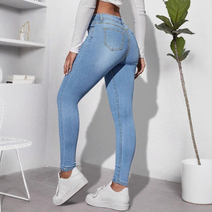 Damen High‑Waist Skinny-Jeans mit dekorativem Perlen-Cluster und Sculpting-Schnitt Drune