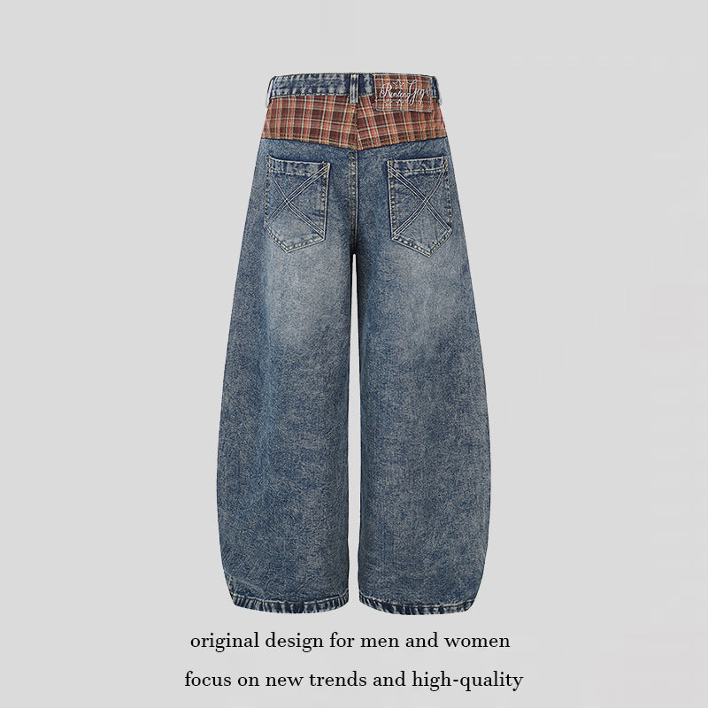 Damen Weite High‑Waist Denim‑Culotte im Palazzo‑Stil mit Karo‑Bund und Vintage‑Waschung Drune