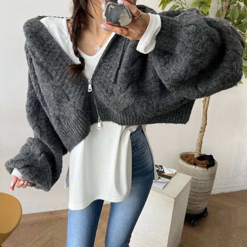 Damen cropped Strickjacke mit Zipper und strukturiertem Zopfdesign Drune