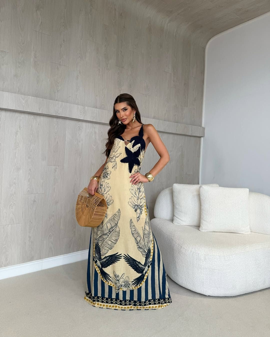 Damen Maxi-Kleid mit floralem Druck und kontrastierenden Akzenten Drune