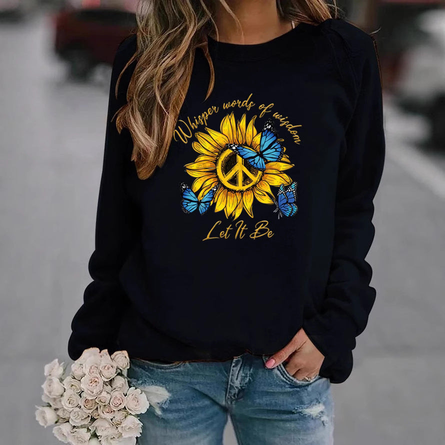 Damen Sweatshirt mit künstlerischem Sonnenblumen- und Schmetterlingsdesign Drune