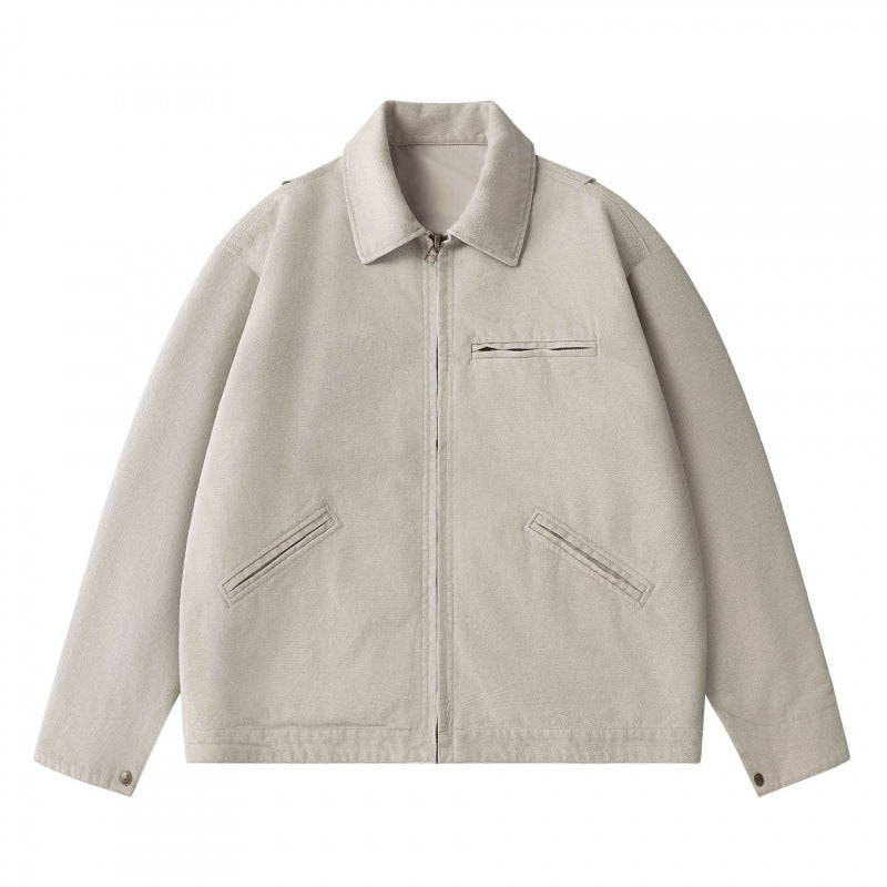 Unisex Kastenförmige Kurzjacke im Worker-Blouson-Stil mit Hemdkragen und verdecktem Reißverschluss Drune