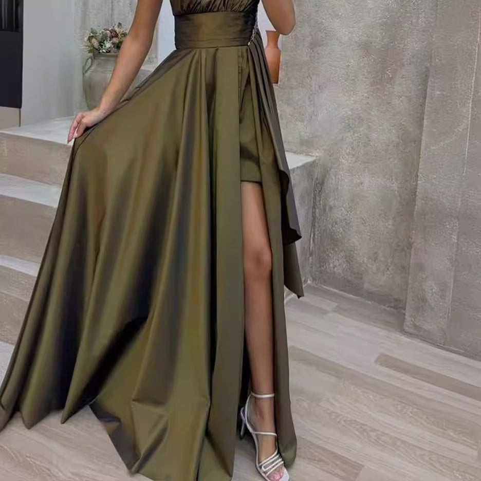 Damen Asymmetrisches Abendkleid mit tiefem Beinschlitz und elegantem Drapierung Drune