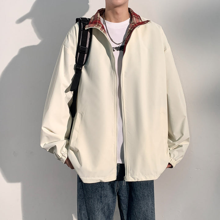 Herren Oversize‑Utility Übergangsjacke mit Reißverschluss und kontrastierendem Karo‑Innenkragen Drune