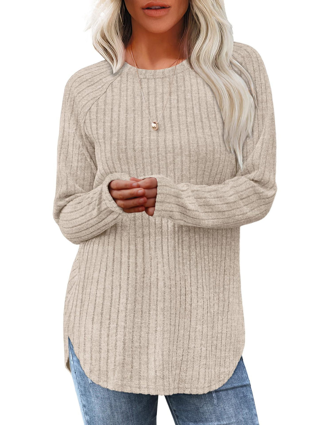 Damen gerippter Strickpullover mit Rundhalsausschnitt Oversize-Passform und Seitenschlitzen Drune