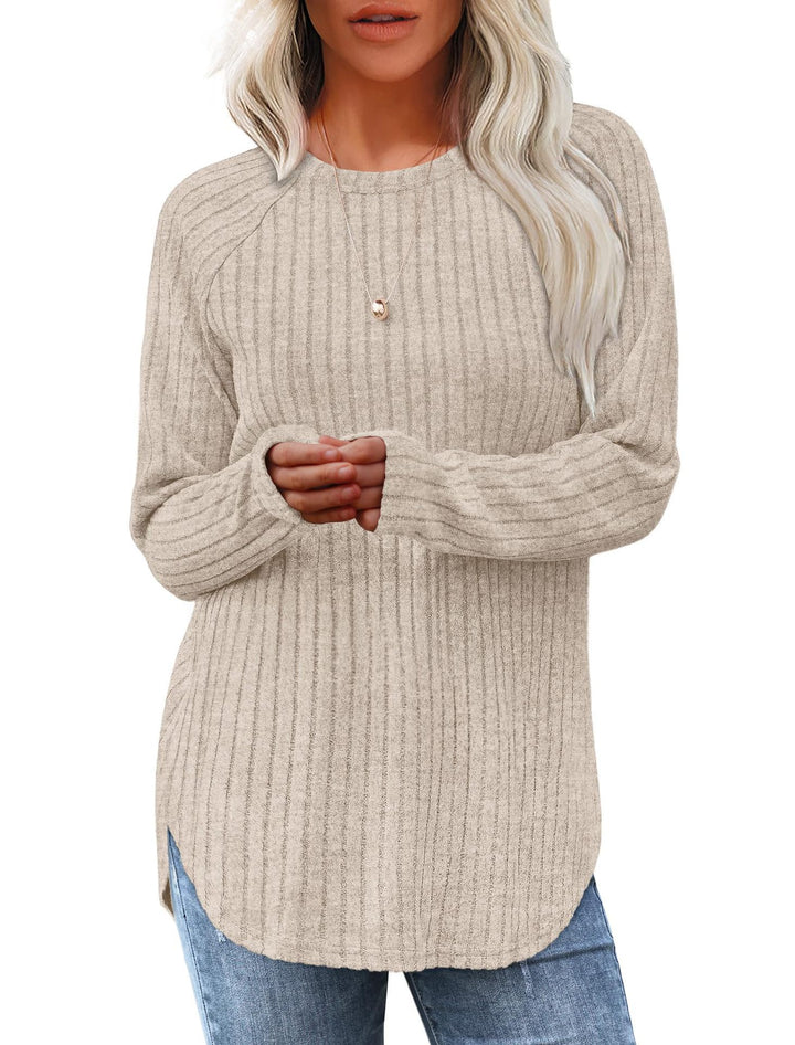 Damen gerippter Strickpullover mit Rundhalsausschnitt Oversize-Passform und Seitenschlitzen Drune