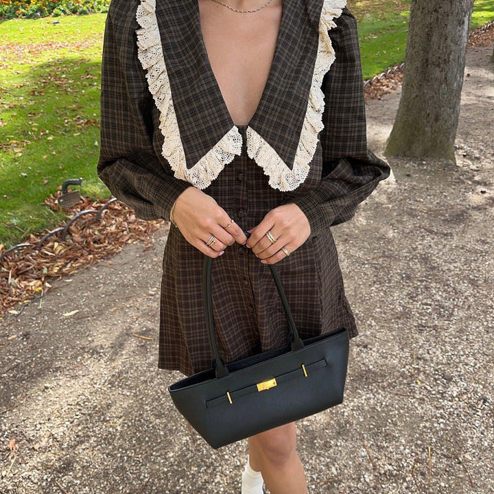 Damen Karierter Vintage-Minikleid mit übergroßem Spitzenkragen und taillierter A-Linie Drune