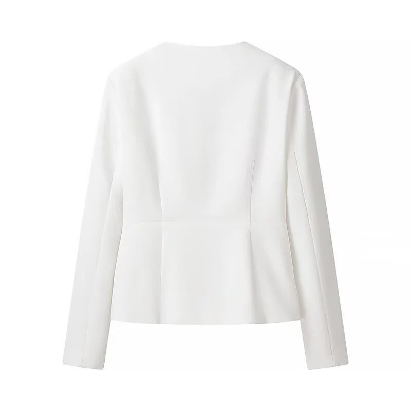 Damen nan taillierter Blazer mit tiefem V-Ausschnitt, dekorativen Wiener Nähten und bezogenen Knöpfen Drune
