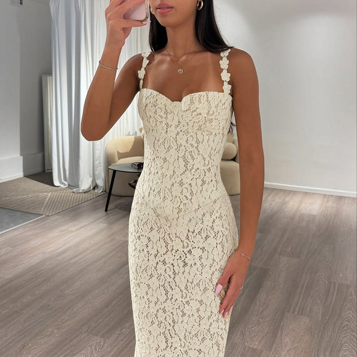 Damen elegantes Maxikleid mit Spitze und verführerischem Herzausschnitt Drune